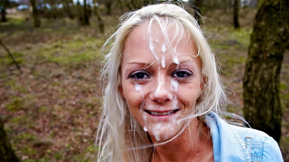 Slut goes outside with cum on her face