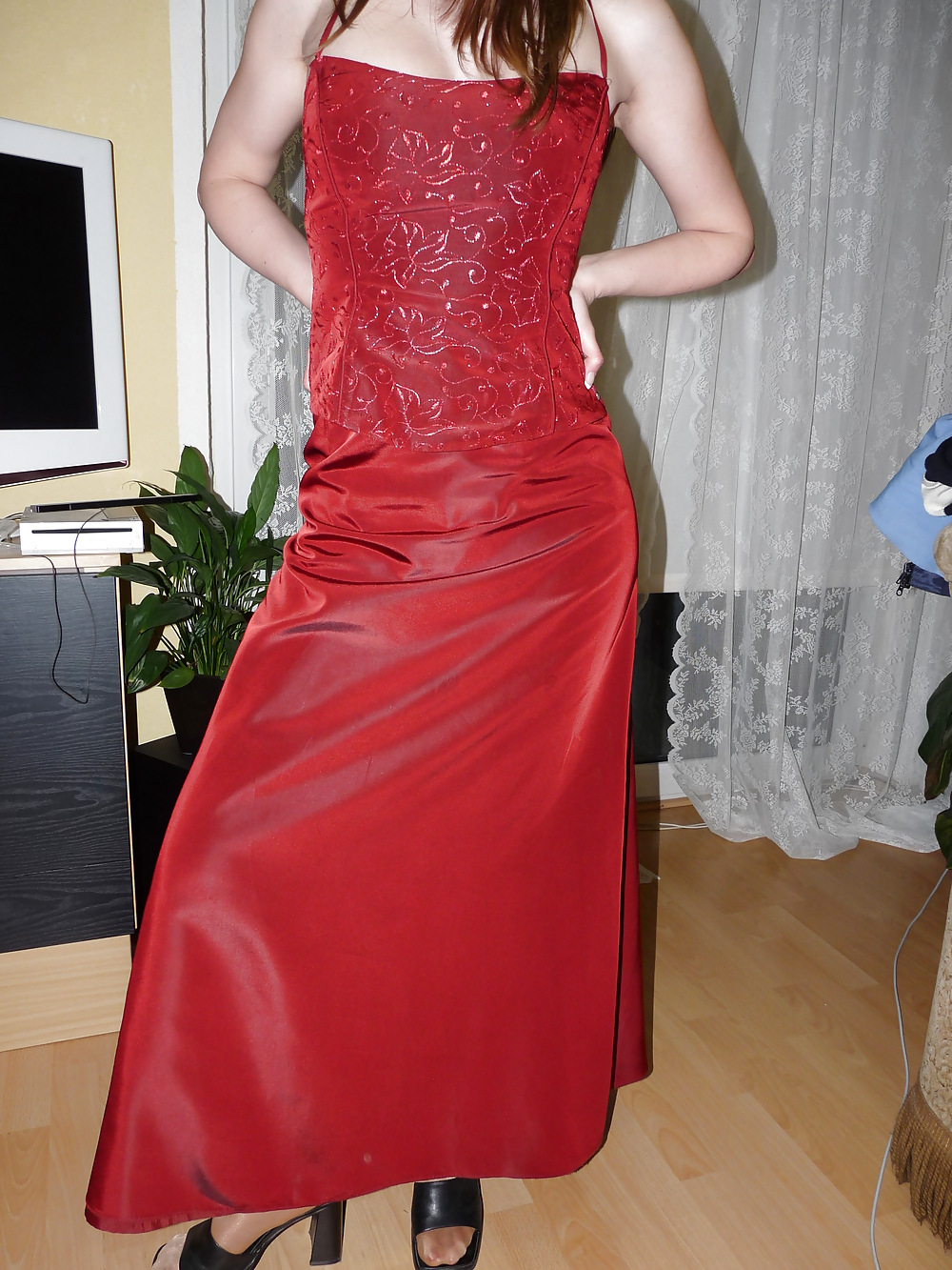 wifes sexy red shiny silk satin gala dress porn gallery