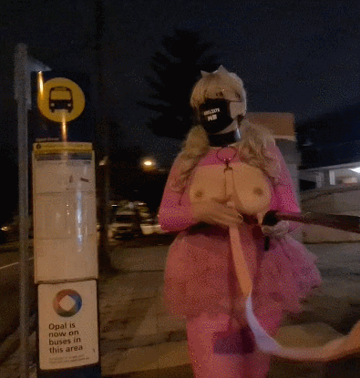 Pink leashed sissy in public #40