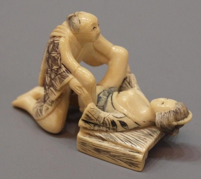 Antique erotic chinese hand carved ivory netsuke group